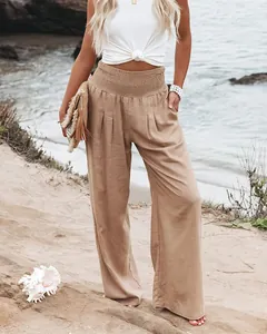 Pantalon large décontracté en coton et lin avec taille élastique pour la plage et été