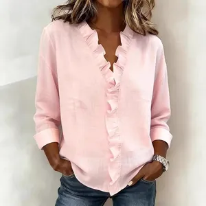 Elegant pink v-neck blouse featuring wood ear ruffle trim and breathable cotton linen fabric
