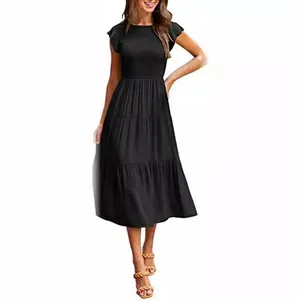 Elegant black flutter sleeve tiered midi dress for women, summer high-end fashion style.