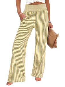 Yellow and white vertical striped wide-leg trousers with smocked high waistband detail.
