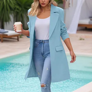 Elegant sky blue mid-length tailored coat for women featuring a stylish lapel collar detail