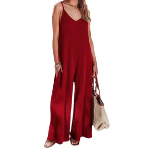 Red ribbed V-neck wide-leg jumpsuit for women, perfect for casual summer wear