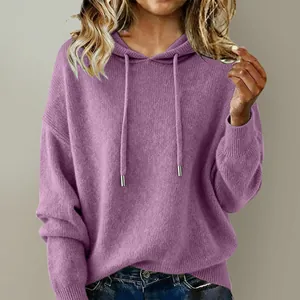 Close-up detail of a soft purple knitted hoodie for women with adjustable drawstrings