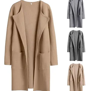 Damen Strickjacke Lang Locker Revers Offen Pullover Jacke Mit Taschen Lässig Herbst Winter Outwear Top