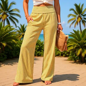 Women's high-waisted wide-leg trousers with yellow vertical stripes for beach vacation