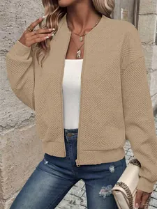 Giacca bomber testurizzata casual beige con cerniera e polsini a costine per donna