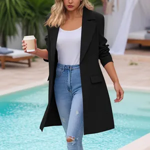 Elegant black mid-length blazer jacket with lapel and buttons for women's casual wear