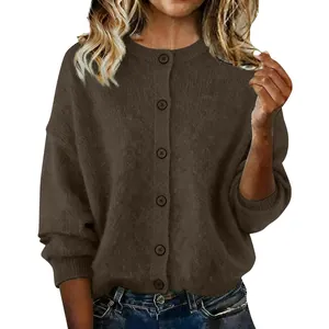 High-quality detail view of a women's long sleeve dark brown knit cardigan with front buttons