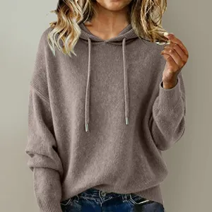 Detailed close-up view of women's soft knit hooded sweater with drawstring in taupe