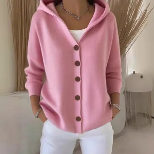 Damen Casual Kapuzen Strickjacke Einfarbig Einreihig Langarm Button Up Pullover Top Herbst Winter Lockere Strickwaren
