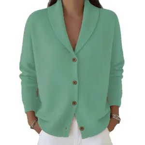 Suave cárdigan de punto verde menta de gran tamaño para mujer con cuello esmoquin