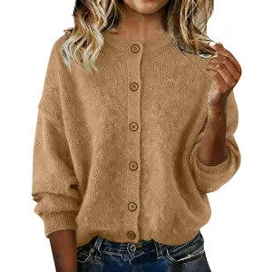 Cozy brown knit button-up cardigan for women, stylish and casual autumn winter fashion