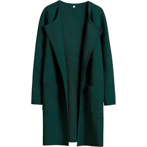 Eleganter dunkelgrüner langer Strickcardigan mit offener Vorderseite und Reverskragen