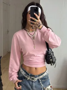 Stylish pink Y2K cropped sweatshirt featuring a slim fit and classic round neck design