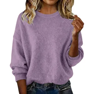 Soft lavender knit sweater featuring a relaxed fit and ribbed round neckline detail
