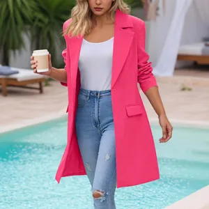 Detail of casual vibrant pink mid-length blazer for women with lapel and button closure.