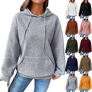 Women Waffle Knit Hoodie Long Sleeve Solid Color Pullover Top With Pocket Casual Loose Hooded Sweatshirt For Autumn Winter
