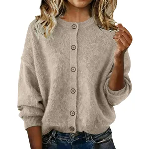 Cozy beige knitted button-up cardigan for women with round neck and drop shoulders