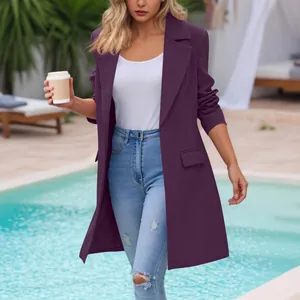 Stylish dark purple mid-length blazer for women featuring a classic lapel design
