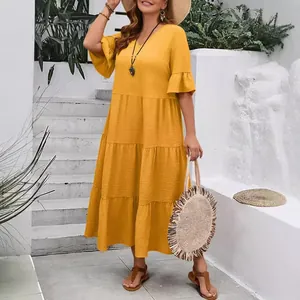 Robe midi bohème à plusieurs niveaux en coton lin jaune moutarde avec col en V pour l'été