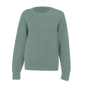 Detail view of soft sage green crew neck knit sweater for women, loose fit style.