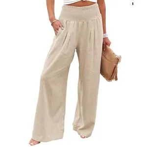 Pantalon large décontracté pour femme en coton et lin avec taille haute élastique