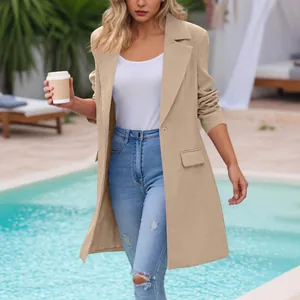 Elegant beige long sleeve mid-length blazer coat for women with lapel collar and button