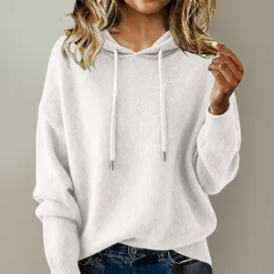 Stylish women's solid color loose soft drawstring hooded knit sweater for autumn winter