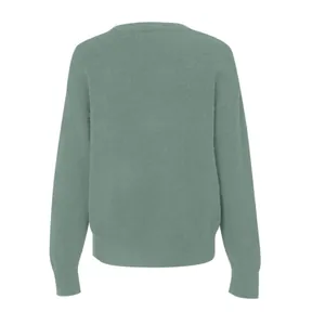 Back view of a soft sage green crewneck cropped knit sweater for women