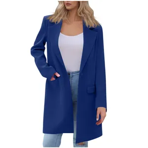 Front view of an elegant royal blue mid-length lapel coat for women in autumn winter