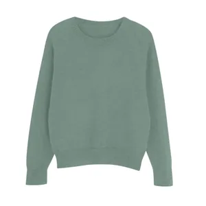 Detailed view of soft sage green crew neck knitted sweater featuring loose-fit cropped design