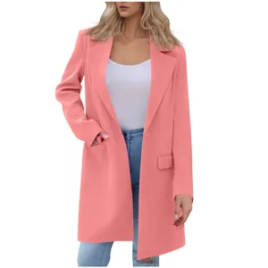 Elegant pink mid-length women's lapel coat with single button and side pockets detail