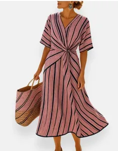 Elegant V-neck pink and blue striped cotton linen dress with irregular flowing hemline