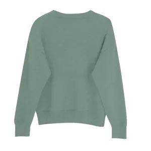 Detailed back view of a soft sage green knit sweater featuring ribbed cuffs and hem.