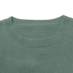 Close-up detail of the ribbed crew neckline on a soft green knitted women's sweater