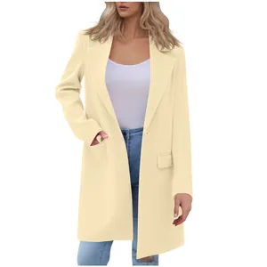 Elegant pale yellow mid-length women's blazer coat with lapel and single button detail