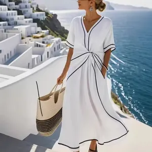 Women Elegant V-Neck Maxi Dress Bohemian Knot Waist Irregular Hem Short Sleeve Polyester Linen Blend Vacation Long Dress