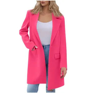 Front view of vibrant hot pink mid-length lapel coat jacket with single button detail