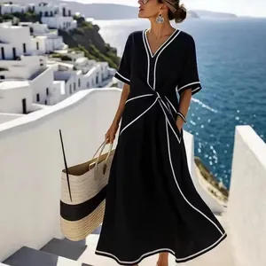 Elegant black V-neck cotton linen maxi dress with white contrast piping for women