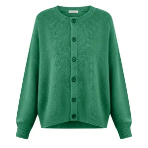 Emerald green knit cardigan with round neck and buttons for women's casual winter wear