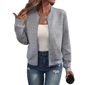Giacca bomber grigia casual da donna con trama geometrica e chiusura a cerniera lampo