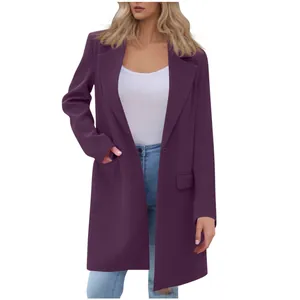 Elegant plum purple mid-length coat with notched lapels and single button closure.