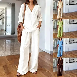 Set da Donna Casual con Top a Manica Lunga a V e Pantaloni a Gamba Larga Tinta Unita Completo Loungewear Due Pezzi Streetwear