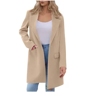 Elegant women's beige mid-length coat featuring classic lapels and long sleeves for winter