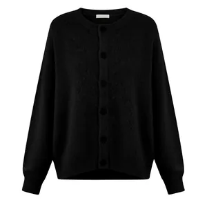 Detailed view of a classic black knitted women's cardigan with front buttons and round neck