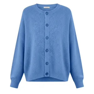Detail of a soft blue knitted cardigan with round neck and matching buttons