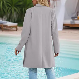 Rear view of a casual light gray long-sleeved mid-length lapel blazer coat for women.