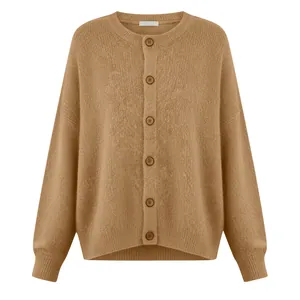Close-up of a women's camel knitted cardigan with button front and ribbed trim