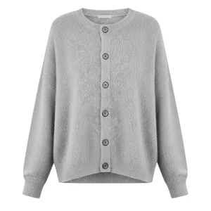 Detailed view of a classic grey knitted cardigan with round neck and buttons