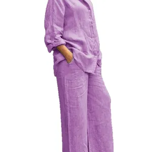 Casual purple two-piece set for women featuring a lapel shirt and wide-leg trousers